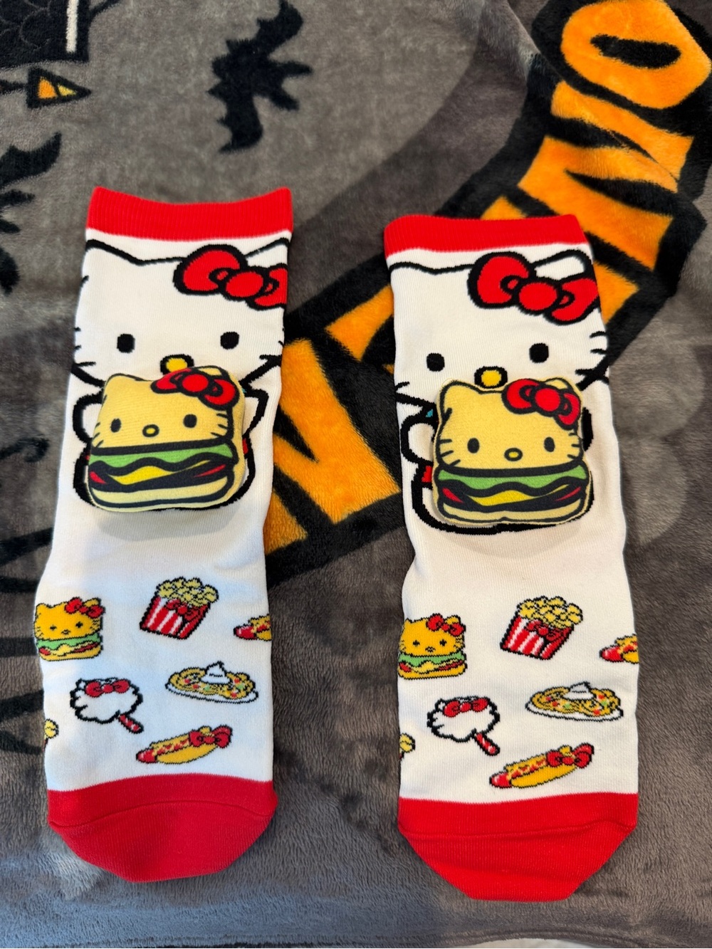 NWOT White & Red Hello Kitty Crew Socks with Burger Design